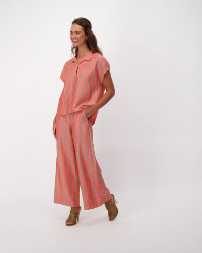 Coral Linen Blend Shirt Top, Yarn Dyed Stripes