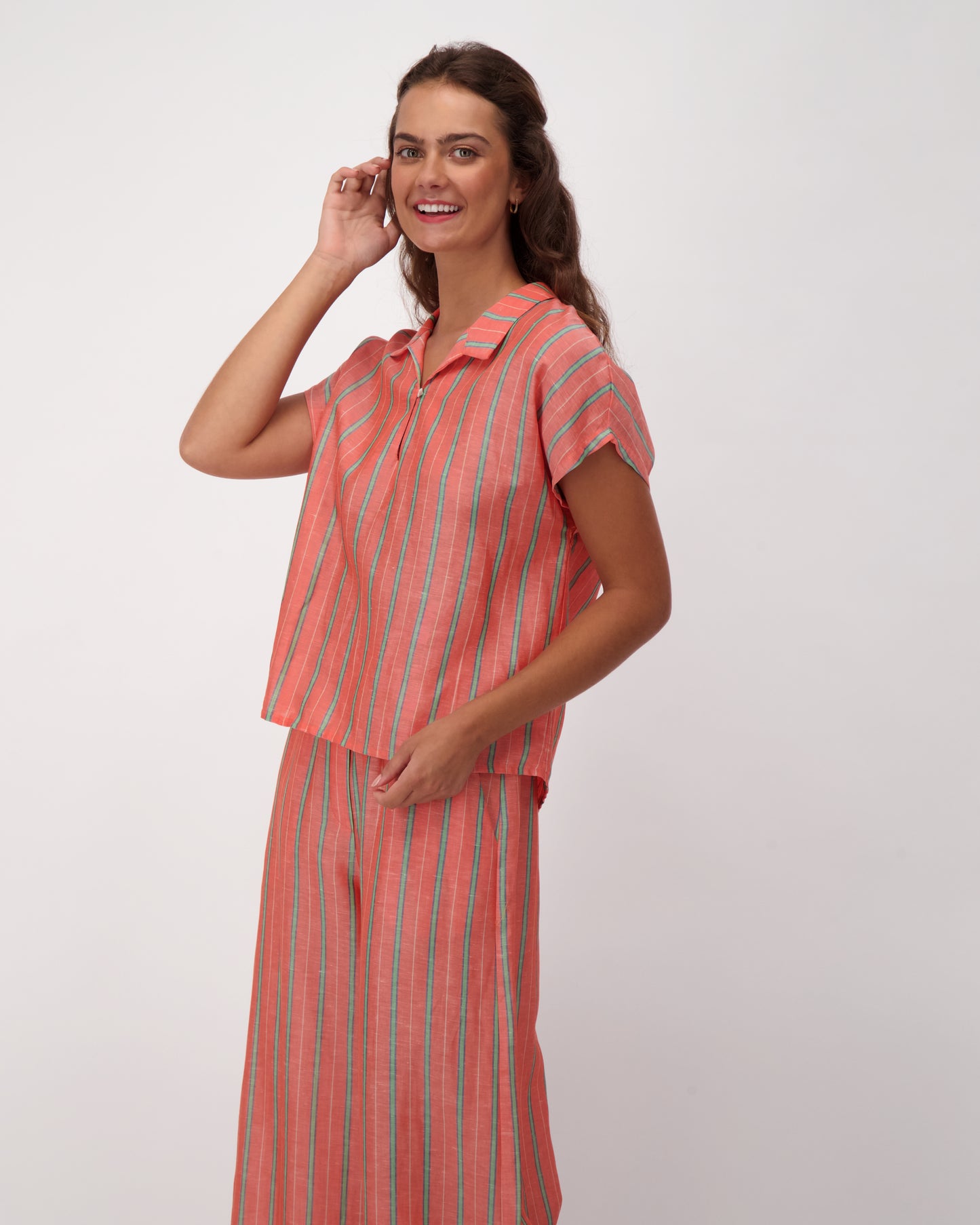 Coral Linen Blend Shirt Top, Yarn Dyed Stripes