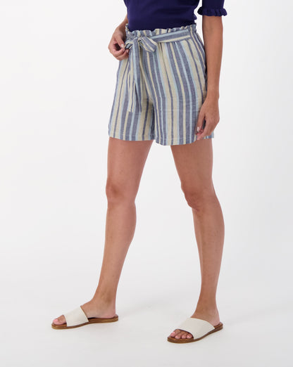 Belted Linen Pull On Shorts, Blue Stripe