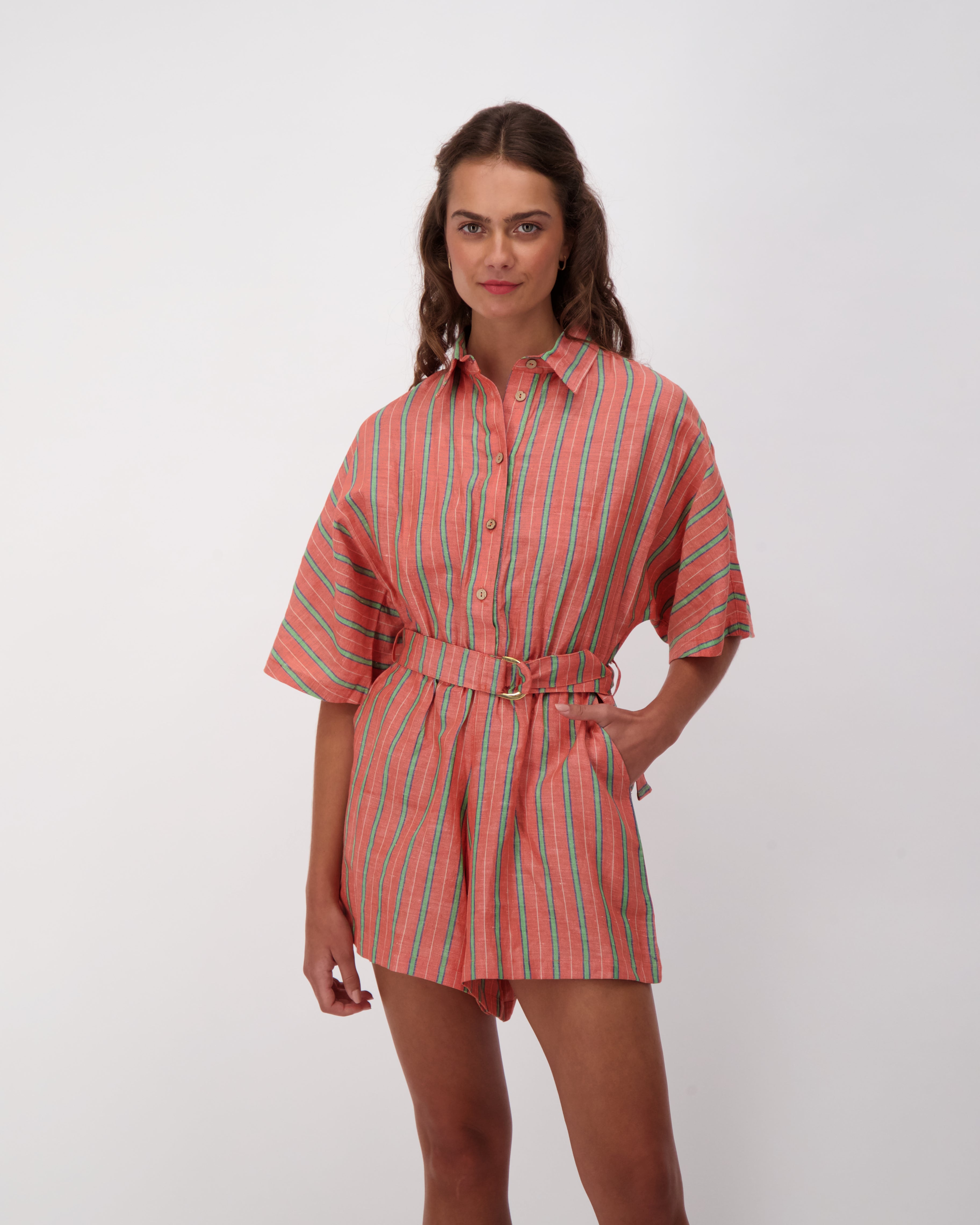Linen Blend Cinched Waist Utility Romper