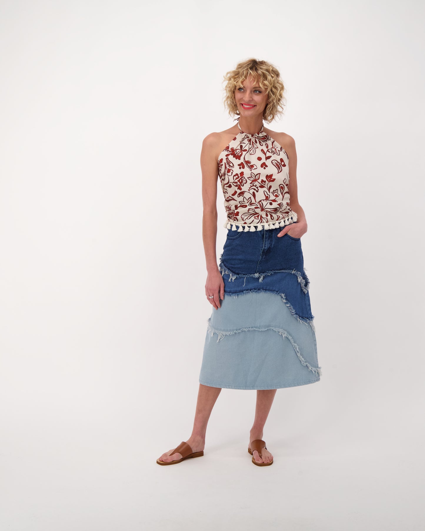 Fringe Effect Washed Denim Skirt