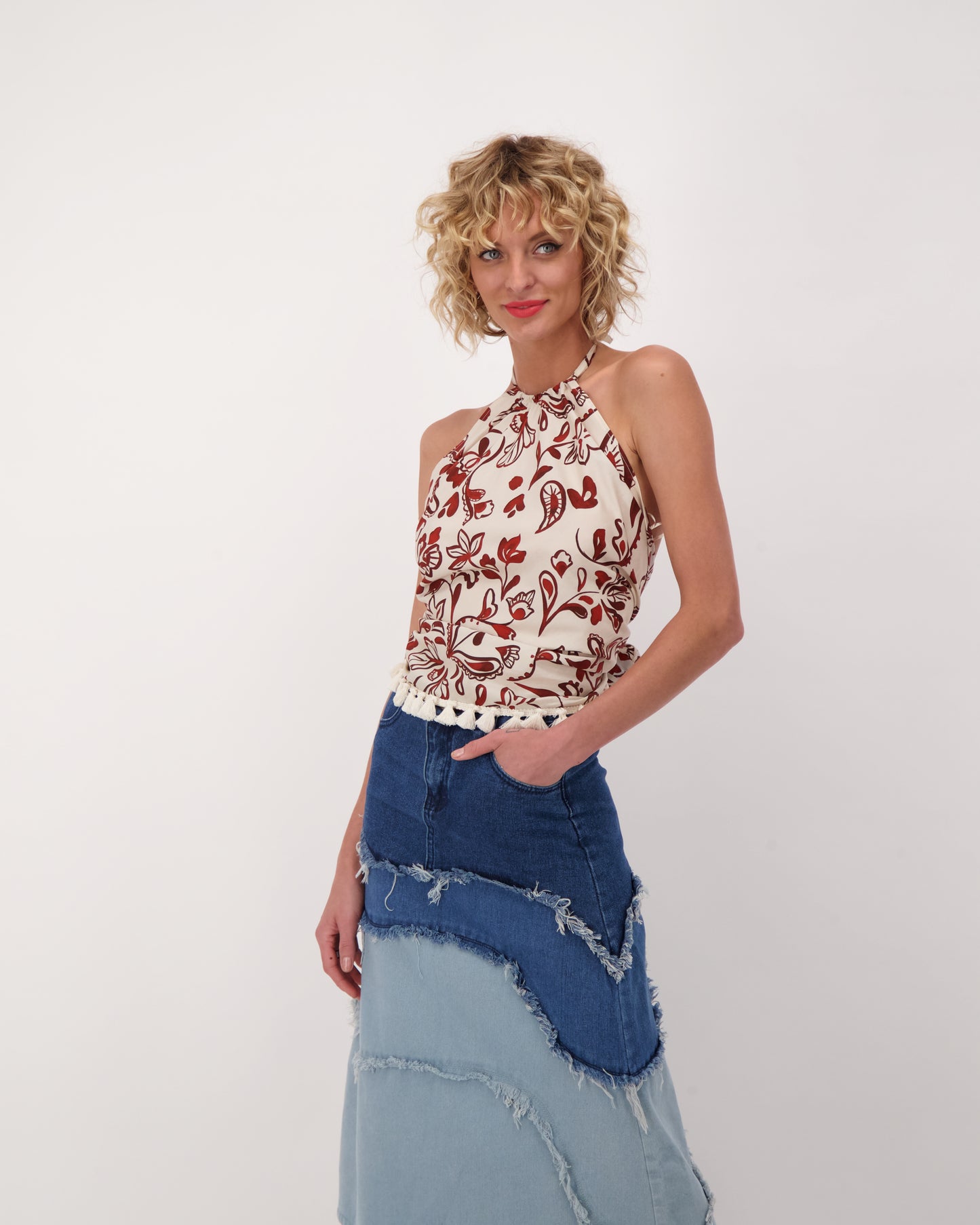 Fringe Effect Washed Denim Skirt